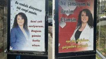 Eşinin doğum gününü otobüs duraklarında ilan vererek kutladı